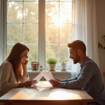 Jeune couple discutant de prêt immobilier avec conseiller