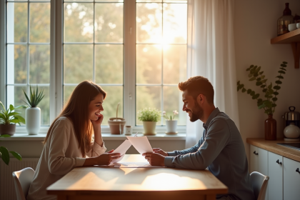 Jeune couple discutant de prêt immobilier avec conseiller