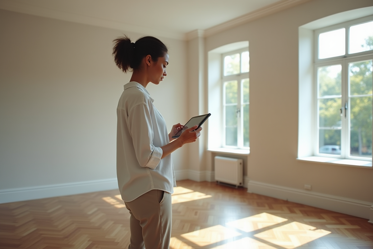 Jeune femme avec tablette comparant les prix de location dans un salon vide