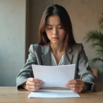 Jeune femme lit un courrier de rejet au bureau