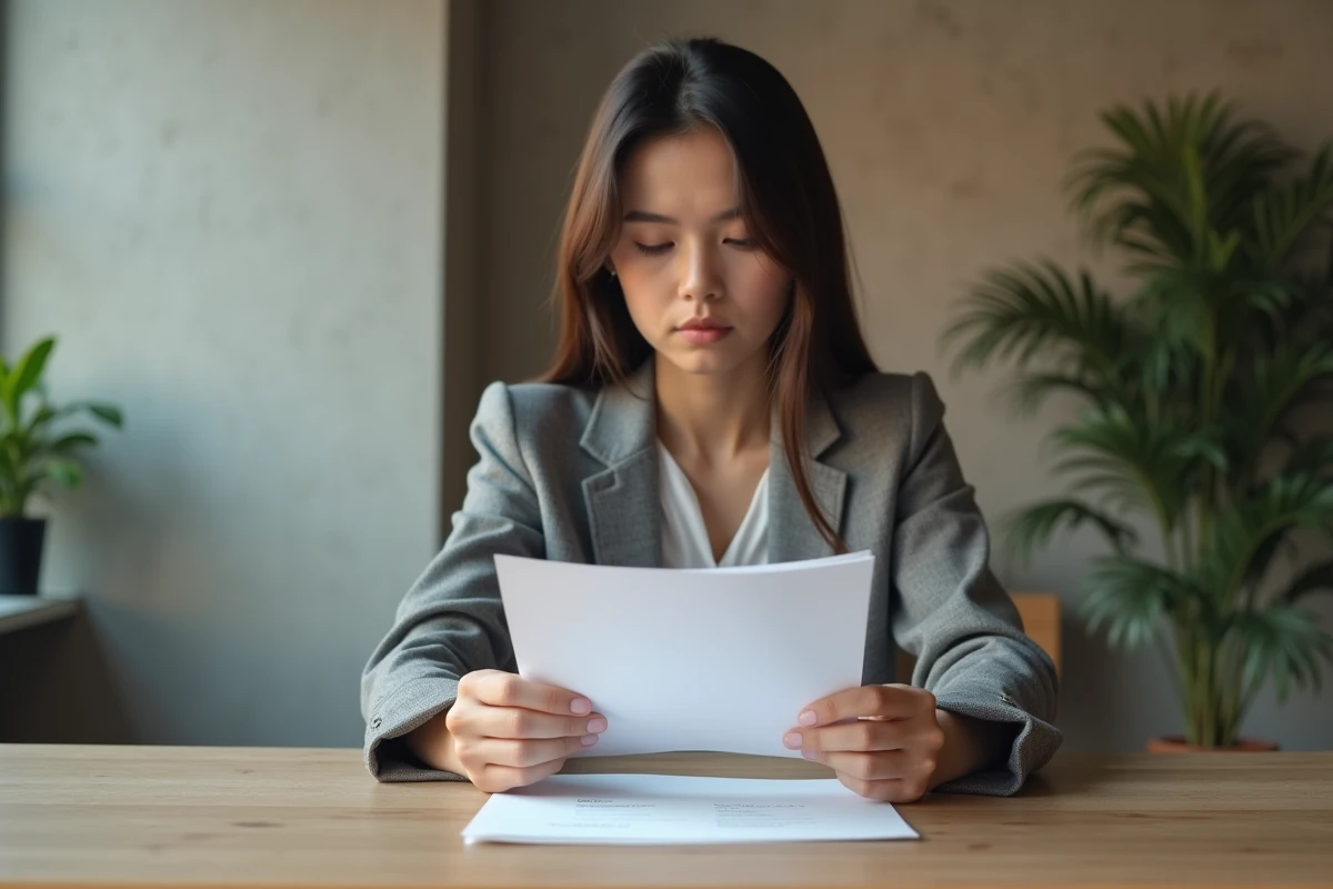 Jeune femme lit un courrier de rejet au bureau