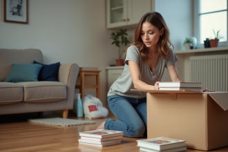 Jeune femme emballant des livres dans un carton dans un salon