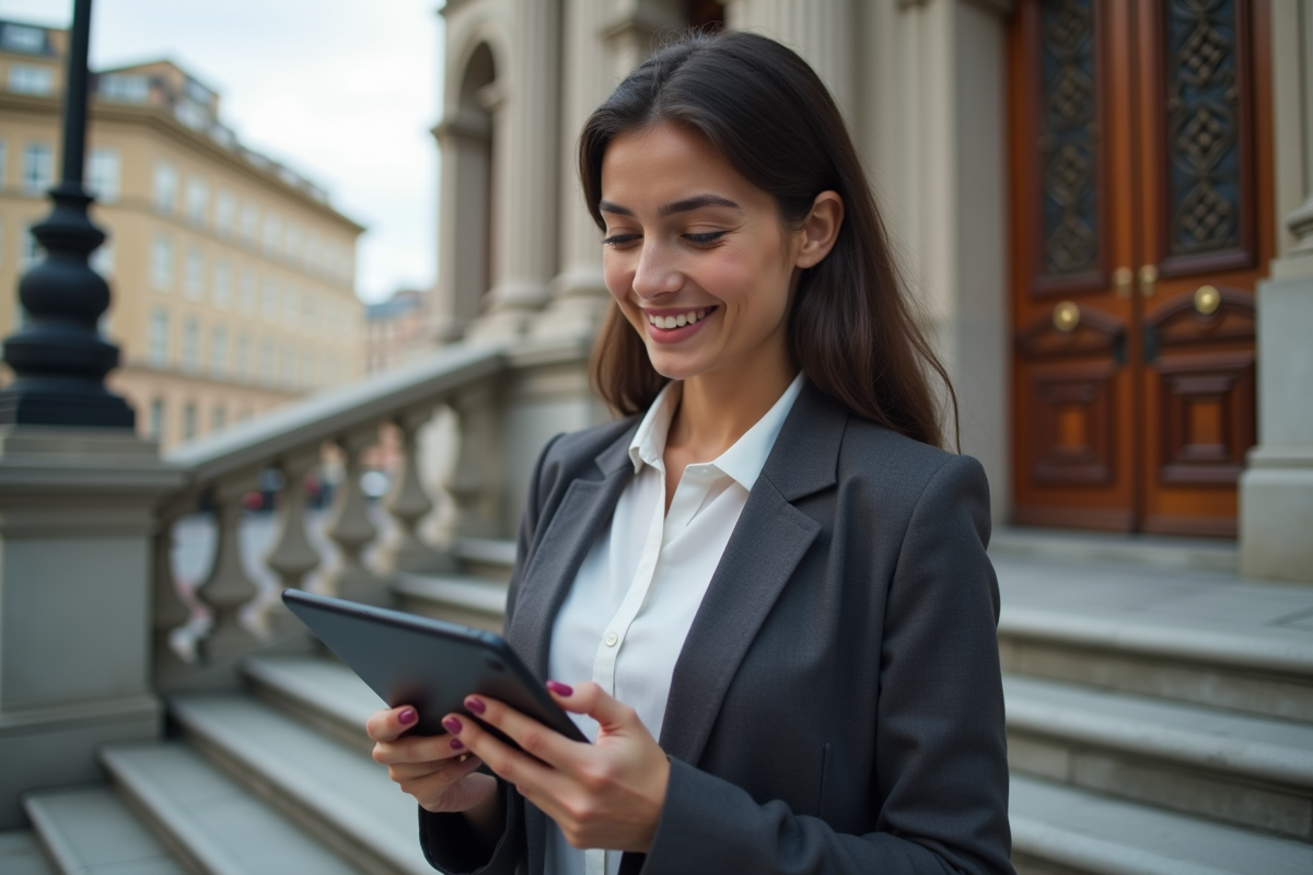 Jeune femme souriante utilisant une application d