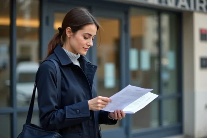 Jeune femme à la mairie de Paris avec documents officiels