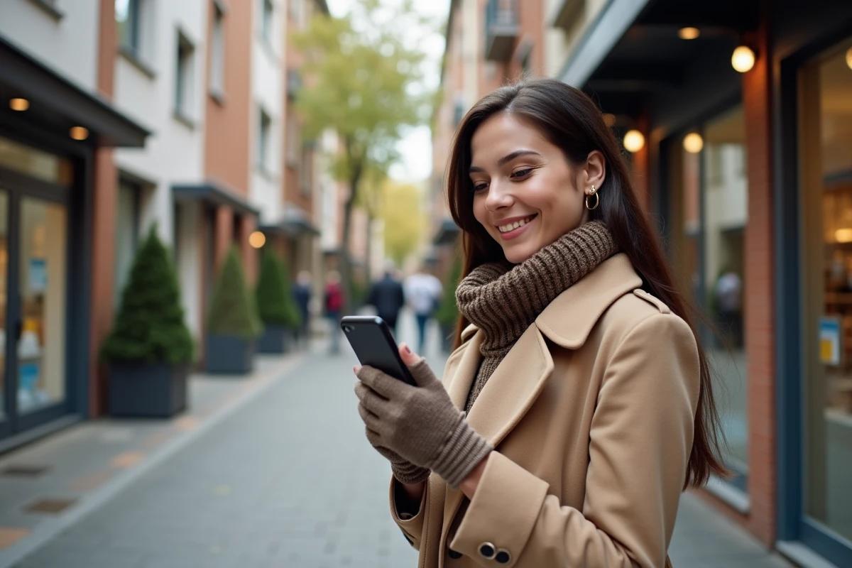 Jeune femme souriante vérifiant des annonces immobilières dans Beauvais