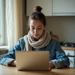 Jeune femme avec laptop cherchant logement en ligne