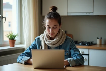 Jeune femme avec laptop cherchant logement en ligne