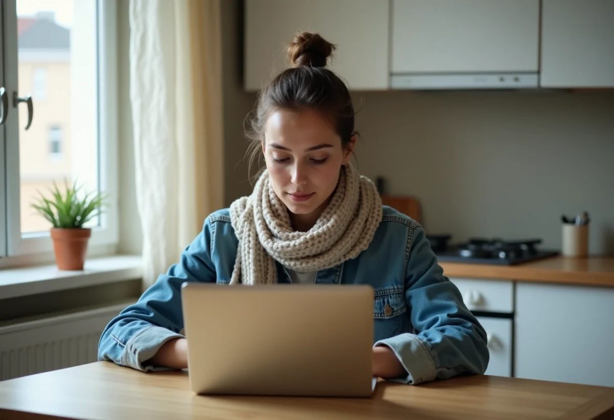 Jeune femme avec laptop cherchant logement en ligne