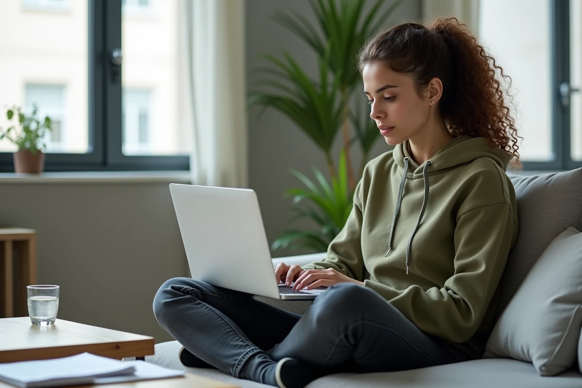 Jeune femme concentrée résolvant un problème de compte en ligne sur son ordinateur portable dans son salon
