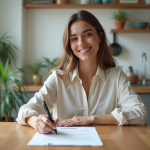 Femme signant un contrat de location dans une cuisine moderne