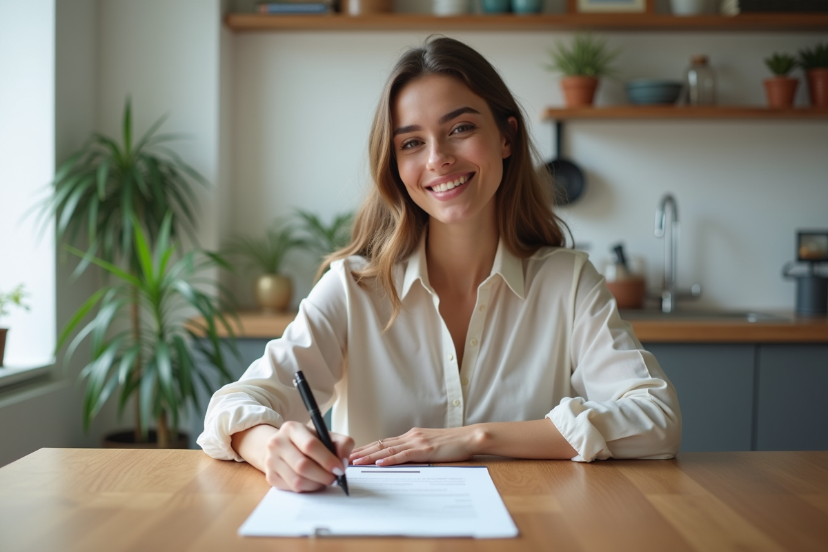 Femme signant un contrat de location dans une cuisine moderne
