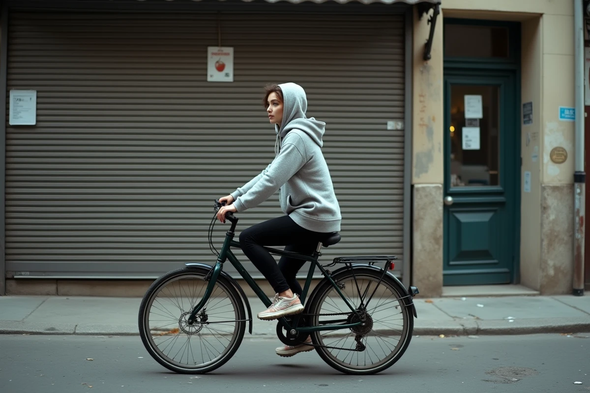 Jeune femme à vélo devant un magasin fermé dans le 9e