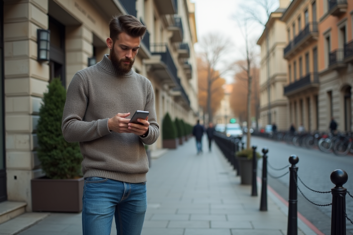 Jeune homme consulte des annonces immobilières dans la rue