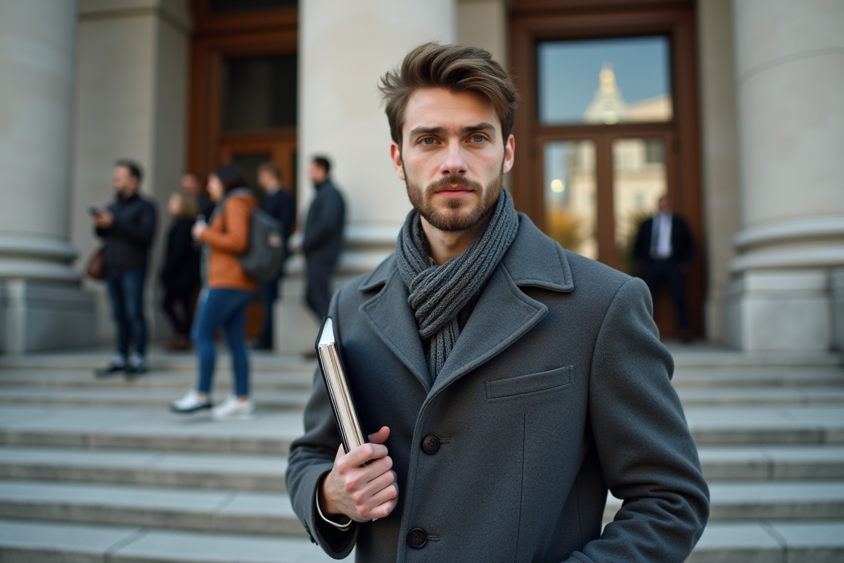 Jeune homme avec dossier devant bâtiment officiel