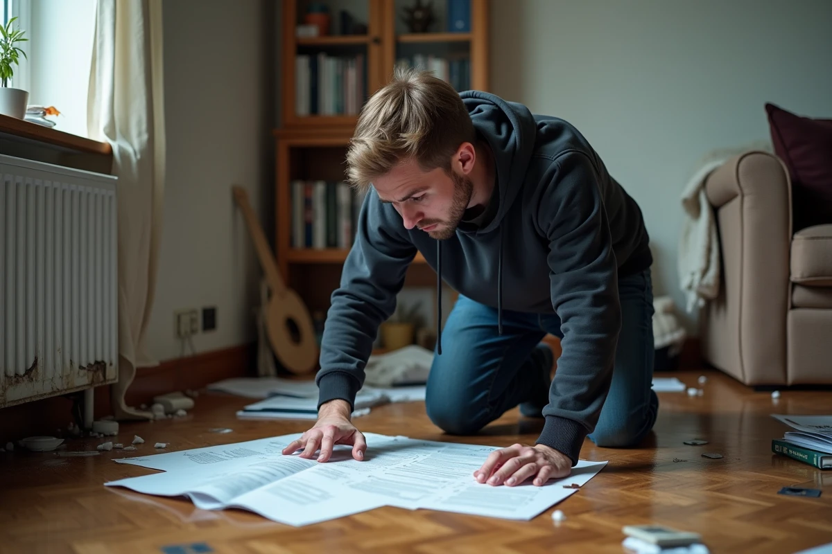 Jeune homme inspectant des papiers mouilles dans le salon