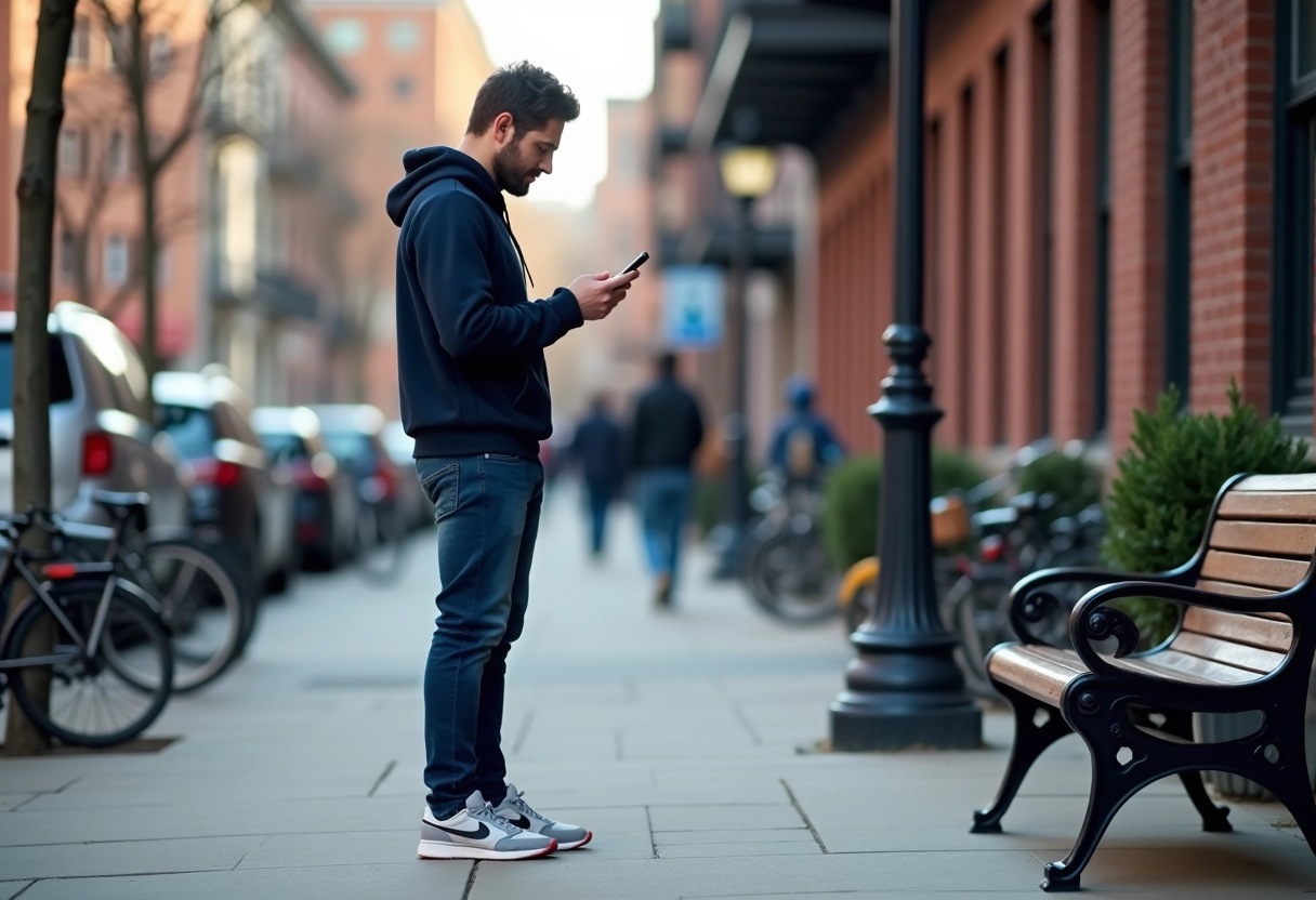Jeune homme dans la ville consulte annonces de location