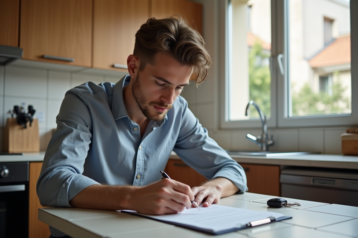 Jeune homme français remplissant un formulaire d inspection dans la cuisine