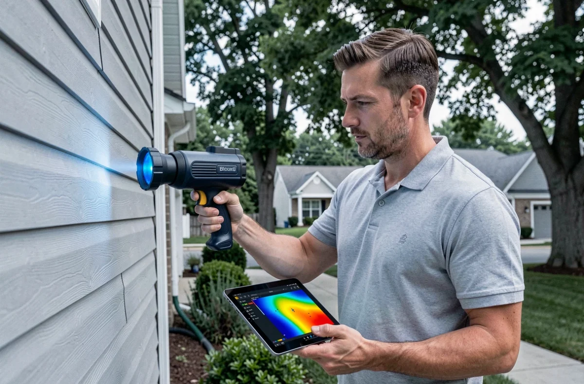 Auditeur énergétique de Krydor réalisant un audit thermique avec caméra infrarouge sur une maison individuelle