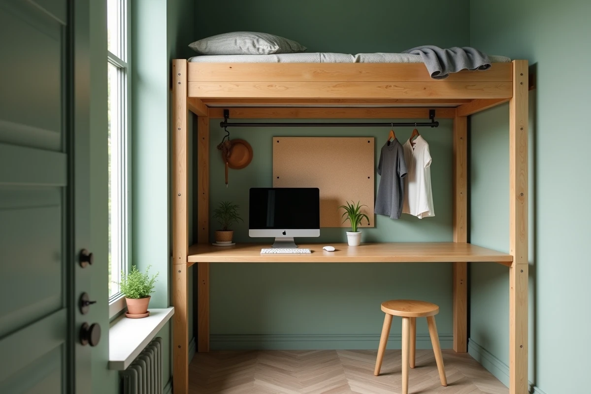 Coin chambre de 7 m² avec lit mezzanine et bureau intégré en dessous pour maximiser l'espace vertical