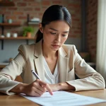 Femme locataire examinant son contrat de bail dans un appartement en zone tendue