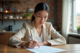 Femme locataire examinant son contrat de bail dans un appartement en zone tendue