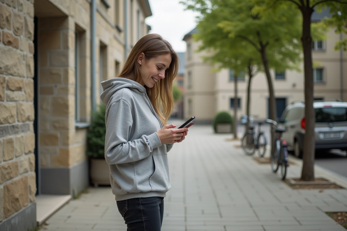 Jeune locataire devant un immeuble résidentiel proche des écoles à La Roche-sur-Yon, quartier calme et bien desservi