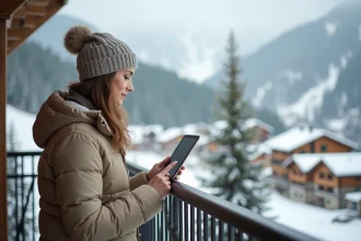 Femme consultant les prix de location aux Menuires Croisette en station de ski alpine