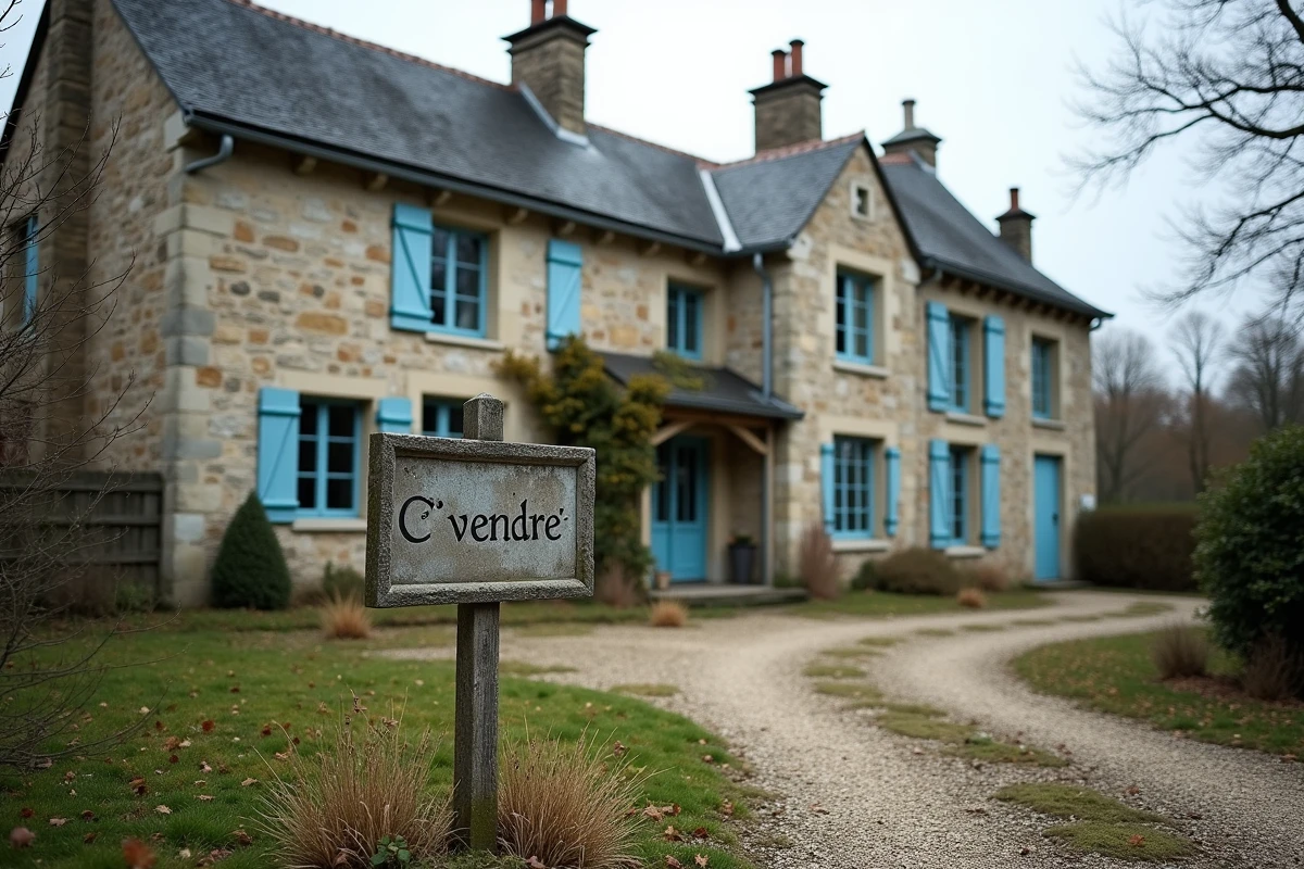 Maison normande en pierre à vendre dans la Manche avec panneau de vente dans le jardin