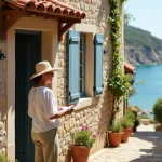 Maison de pêcheur traditionnelle à vendre en Méditerranée avec volets bleus et façade en pierre