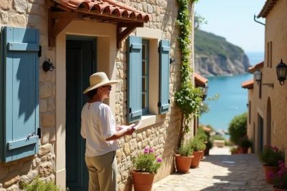 Maison de pêcheur traditionnelle à vendre en Méditerranée avec volets bleus et façade en pierre