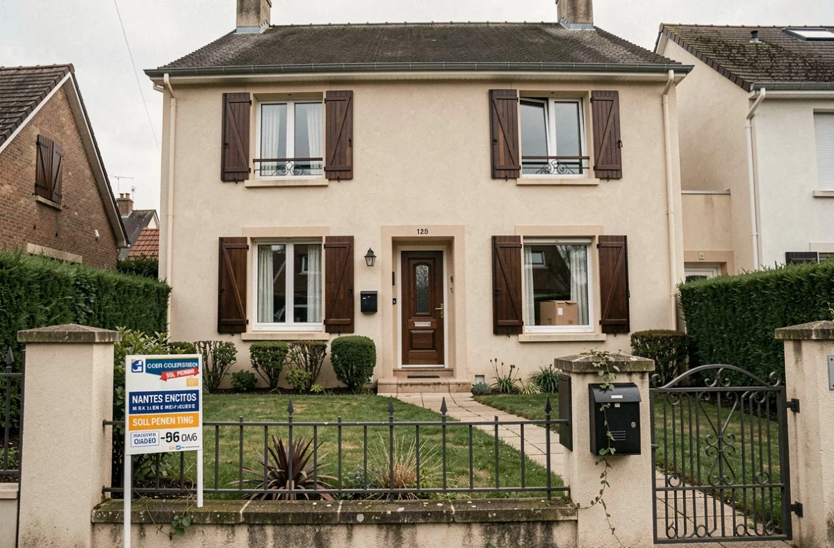 Façade d'une maison à vendre en urgence dans la région de Nantes 44 avec panneau d'estimation immobilière