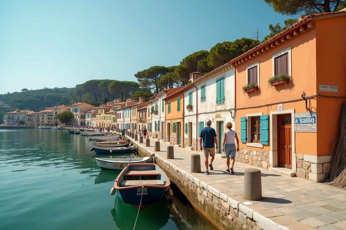 Rangée de maisons de pêcheurs colorées à vendre au bord d'un port méditerranéen avec bateaux amarrés