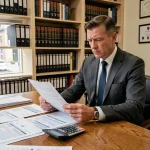 Marchand de biens en costume gris analysant des documents fiscaux et formulaires de TVA sur un bureau en chêne dans un bureau professionnel