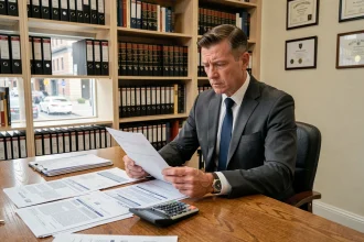 Marchand de biens en costume gris analysant des documents fiscaux et formulaires de TVA sur un bureau en chêne dans un bureau professionnel
