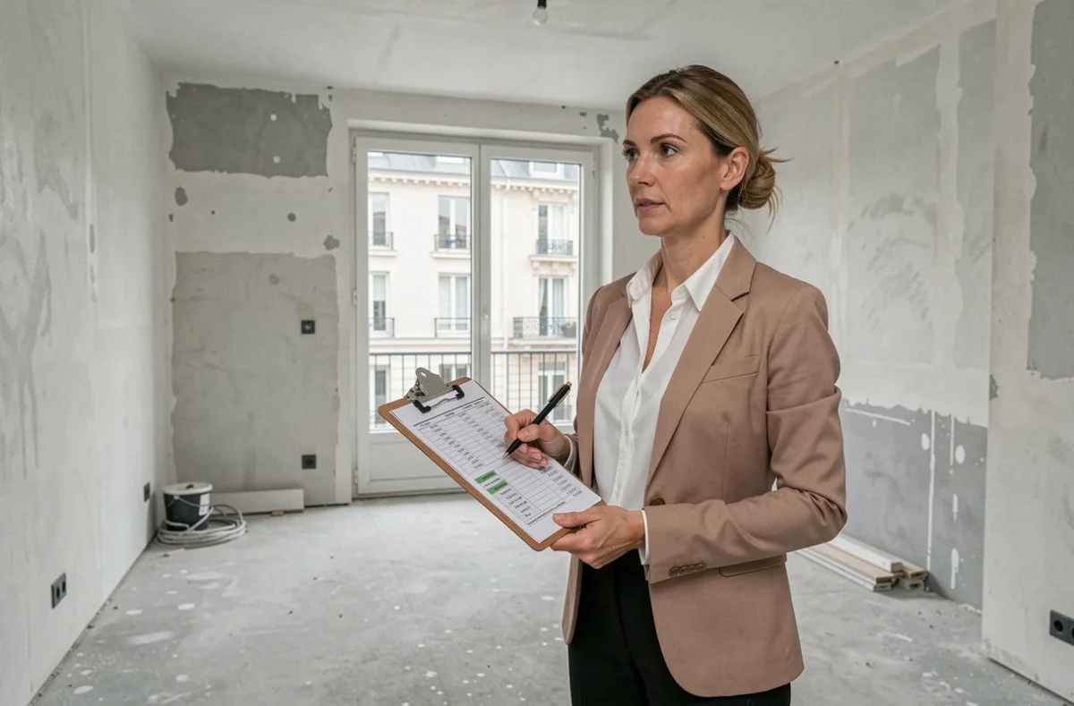 Professionnelle de l'immobilier tenant un tableau de calcul des coûts dans un appartement en rénovation avant revente par un marchand de biens