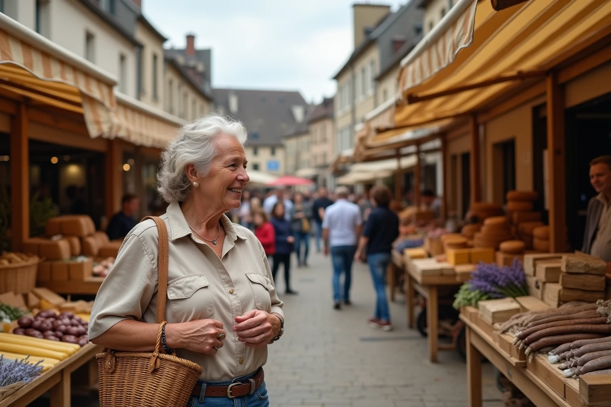 Marché animé en plein air dans le centre historique de Brive-la-Gaillarde avec des habitants faisant leurs courses