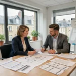 Gestionnaire de copropriété et son collègue dans une agence immobilière du Calvados, examinant des documents de gestion
