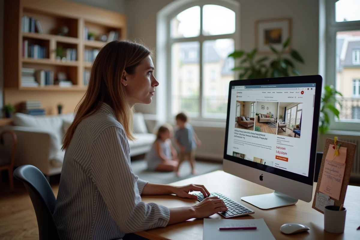 Mère de famille recherchant une annonce LOC pour grand appartement à Paris sur ordinateur