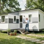 Propriétaire devant son mobil-home sur terrain privé en zone rurale, consultant des documents réglementaires pour une location légale