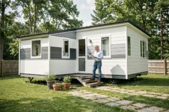 Propriétaire devant son mobil-home sur terrain privé en zone rurale, consultant des documents réglementaires pour une location légale