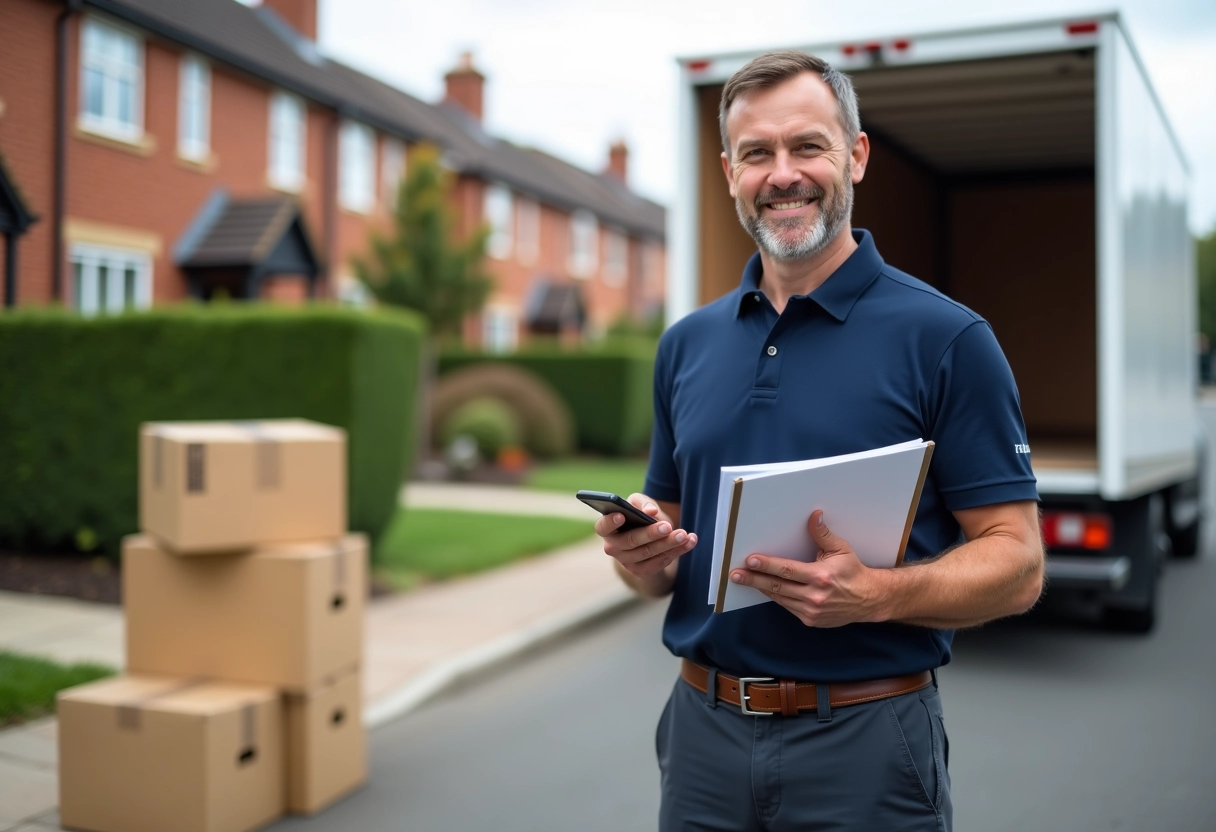 Agent de déménagement avec van dans une rue résidentielle