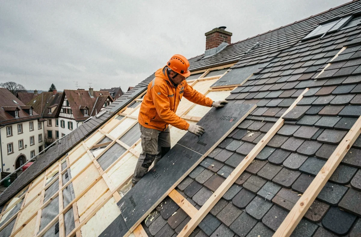 Couvreur de Mulhouse Rénovation Toiture posant des panneaux d'isolation thermique par l'extérieur sur une toiture en pente