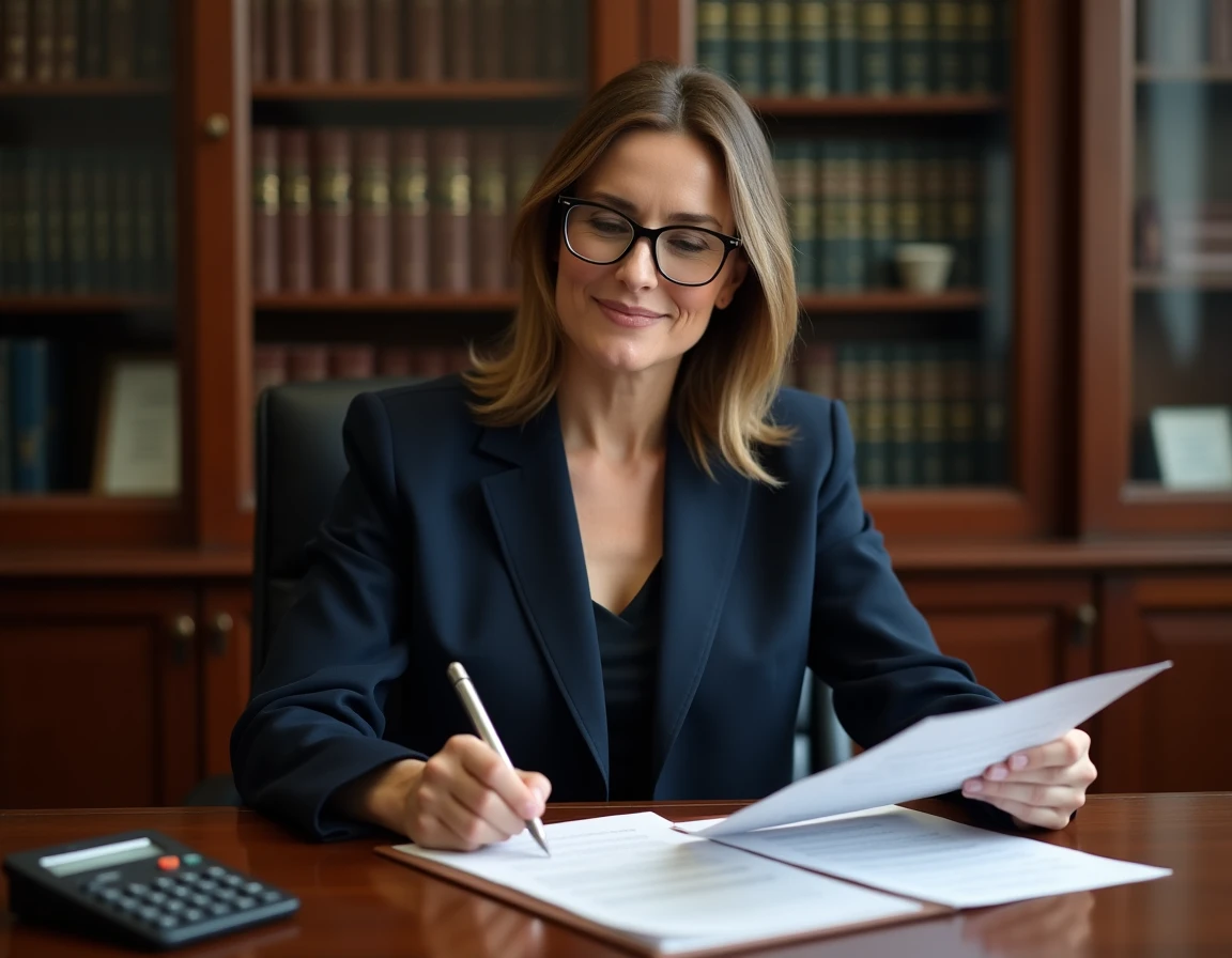 Notaire examinant des documents de partage de biens immobiliers lors d'un divorce