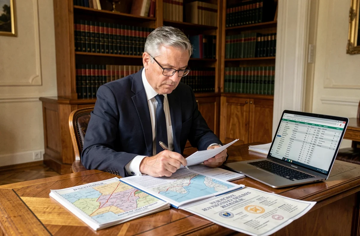 Notaire consultant des documents cadastraux et un extrait du registre foncier pour identifier le propriétaire d'une adresse parisienne