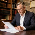Notaire en costume marine examinant un pré-état daté dans son bureau traditionnel aux étagères de dossiers juridiques