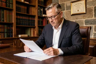 Notaire en costume marine examinant un pré-état daté dans son bureau traditionnel aux étagères de dossiers juridiques