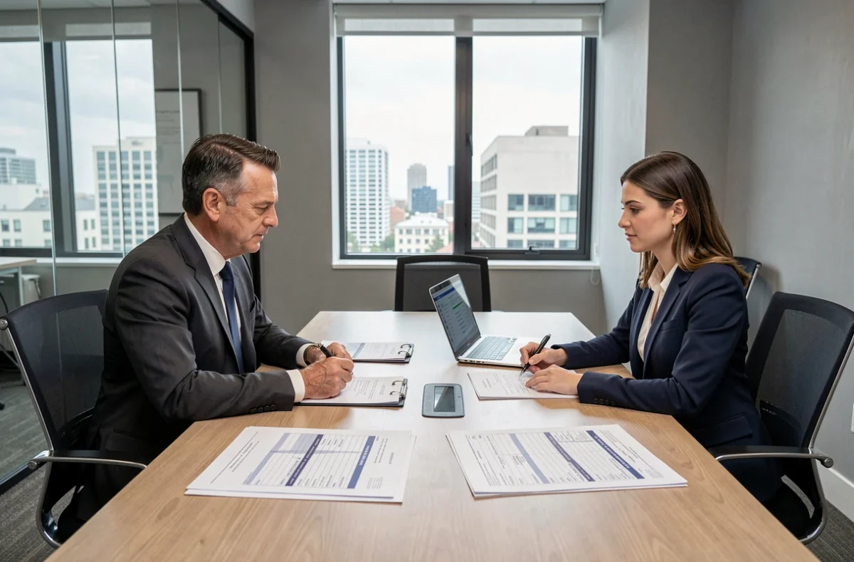 Notaire et investisseuse immobilière signant des actes de vente avec des documents de calcul de droits d'enregistrement et de plus-values sur la table