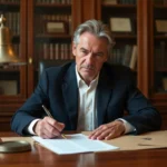 Notaire en costume marine signant un document de succession sur un bureau en chêne dans une étude notariale traditionnelle