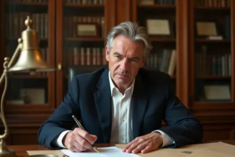 Notaire en costume marine signant un document de succession sur un bureau en chêne dans une étude notariale traditionnelle