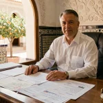 Notaire marocain examinant un titre foncier pour la vente d'un riad à Marrakech